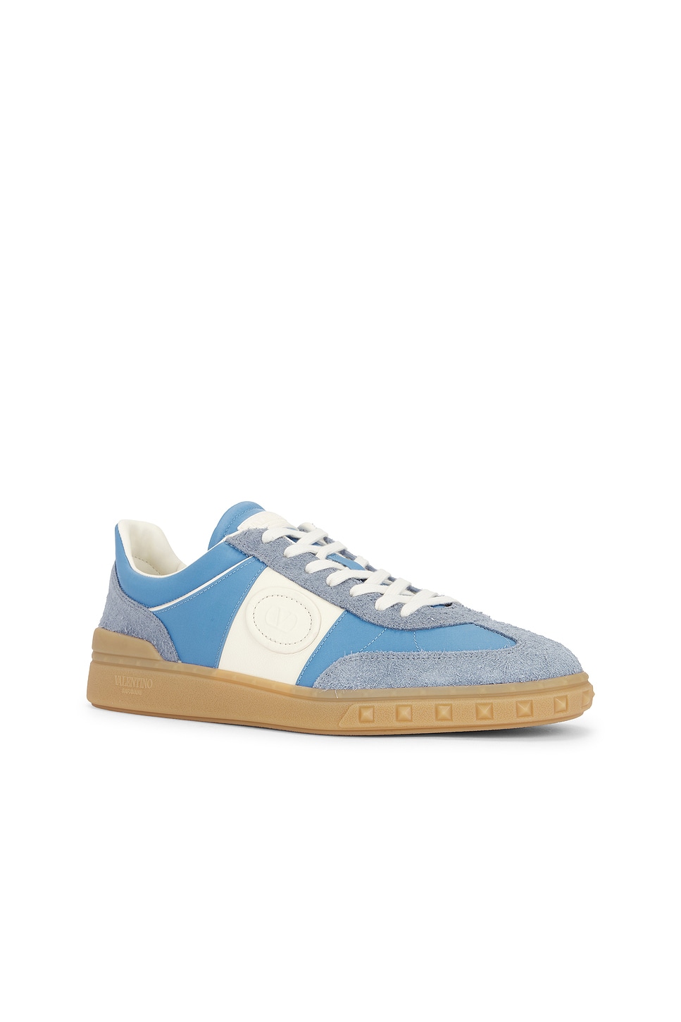 Valentino Garavani Upvillage Low Top Trainer In Crust Leather And Nylon In Blue