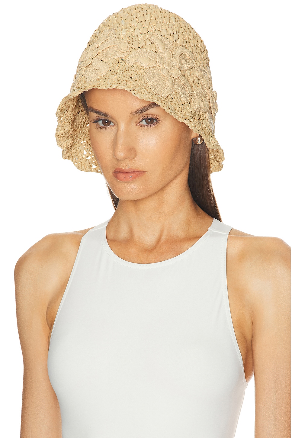 Shop Valentino Crochet Bucket Hat In Naturale & Gold