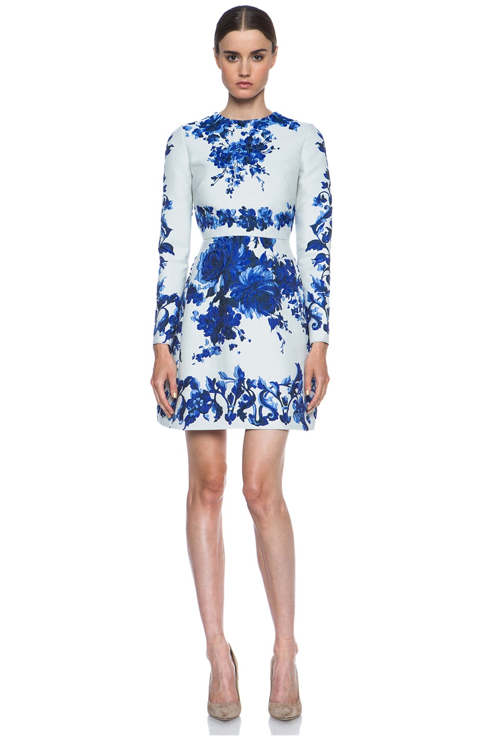 Valentino Flare Skirt Silk Blend Dress In Blue Multi Fwrd Image 1 Of Valentino Flare Skirt Silk Blend Dress In Blue Multi