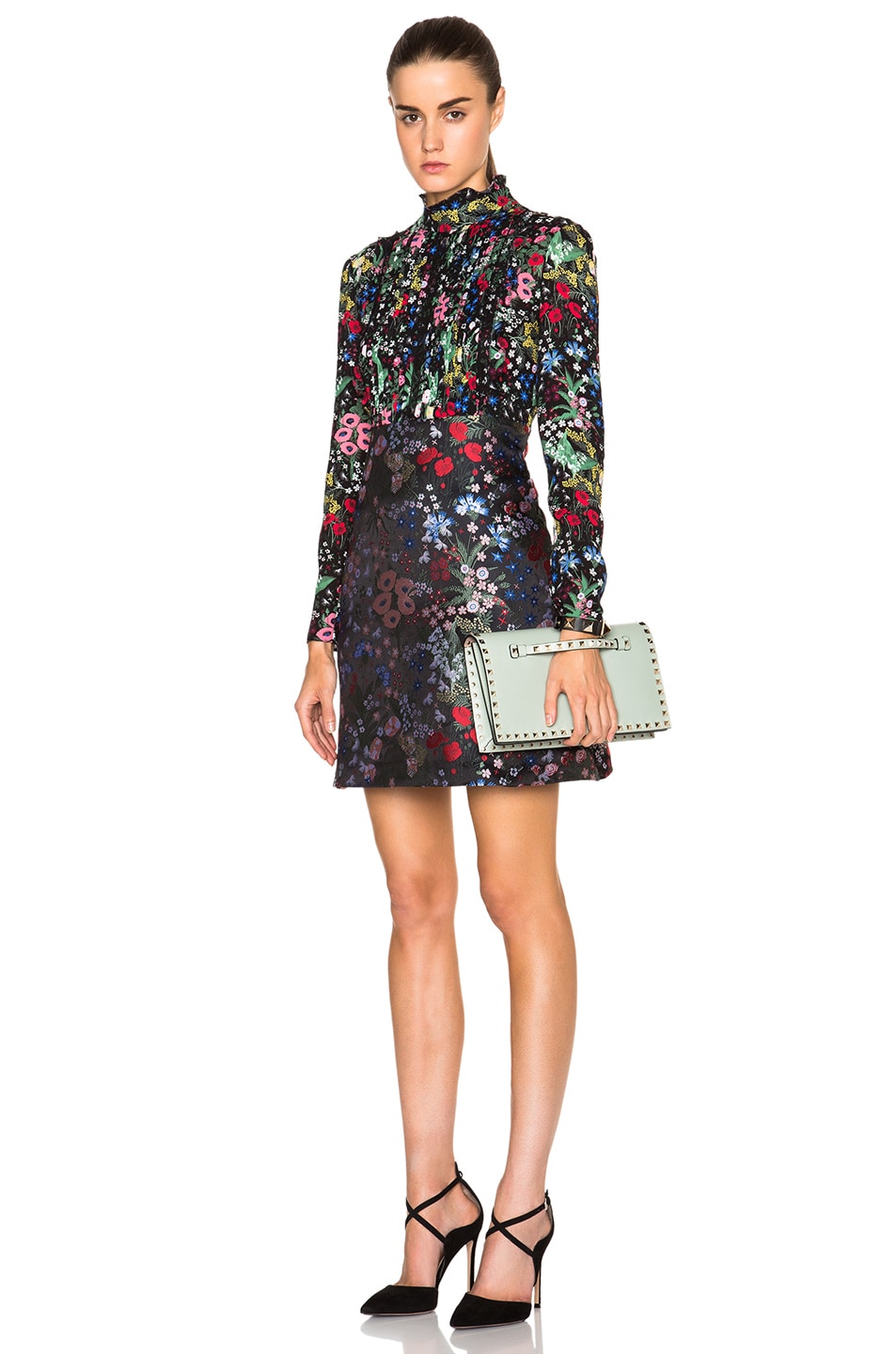 Image 1 of Valentino Garavani Floral Georgette Dress with Jacquard Skirt in Multi