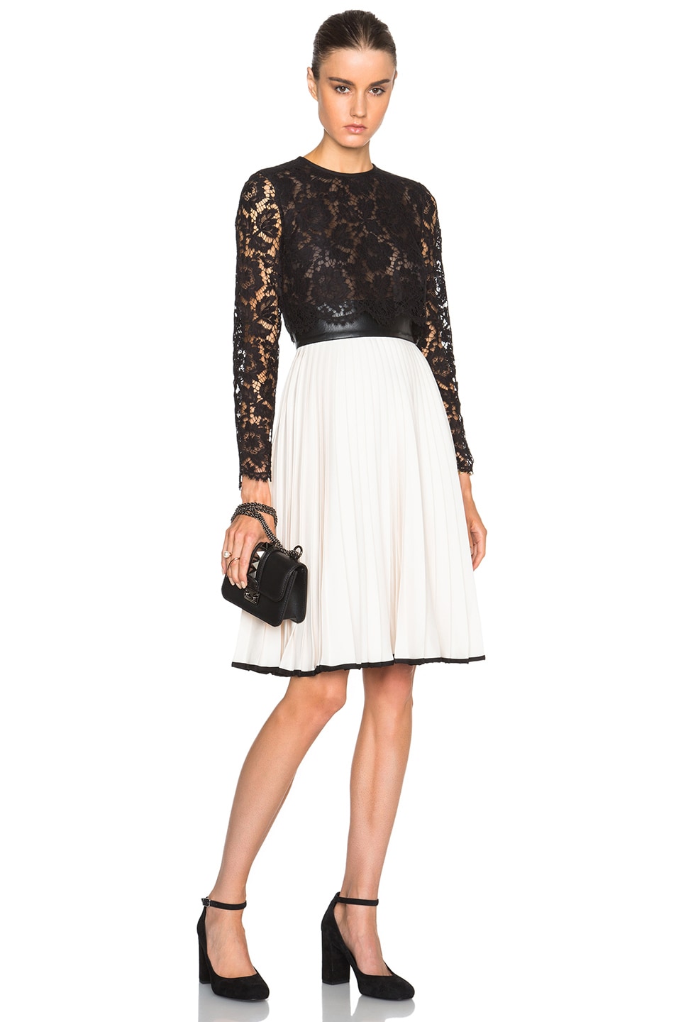 Image 1 of Valentino Garavani Heavy Lace Long Sleeve Dress with Plisse Skirt in Black & White