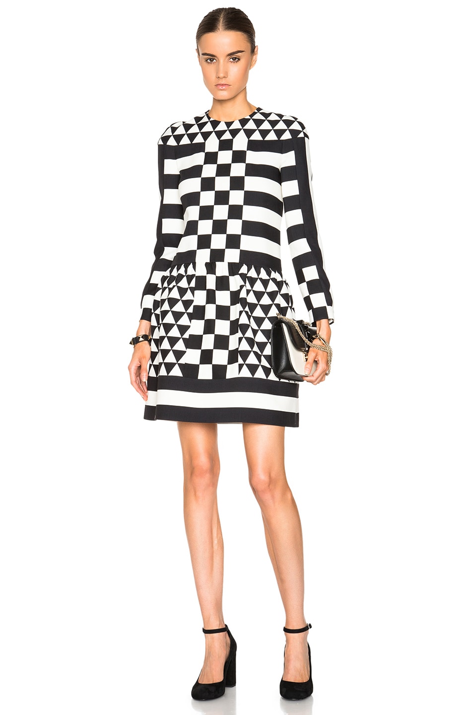 Image 1 of Valentino Garavani Graphic Triangle Stripe Crepe Couture Dress in Black & Ivory