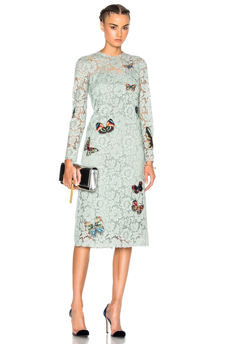 Image 1 of Valentino Garavani Long Sleeve Embroidered Dress in Pale Green