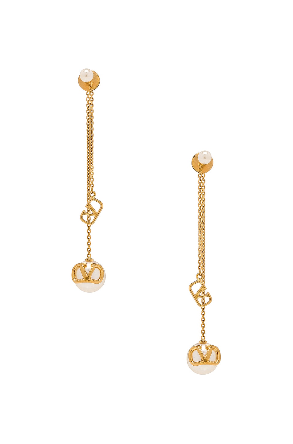 Image 1 of Valentino Garavani V Logo Signature Pearl Drop Earrings in Oro & Cream