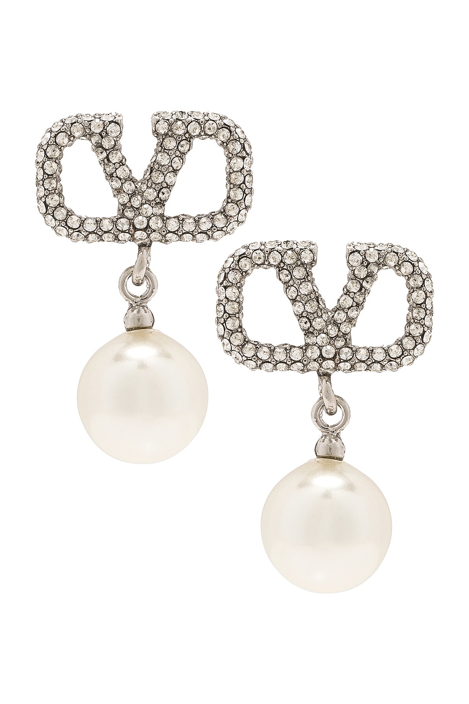 Image 1 of Valentino Garavani V Logo Signature Pearl Earrings in Palladio, Cream, & Crystal Silver Shade
