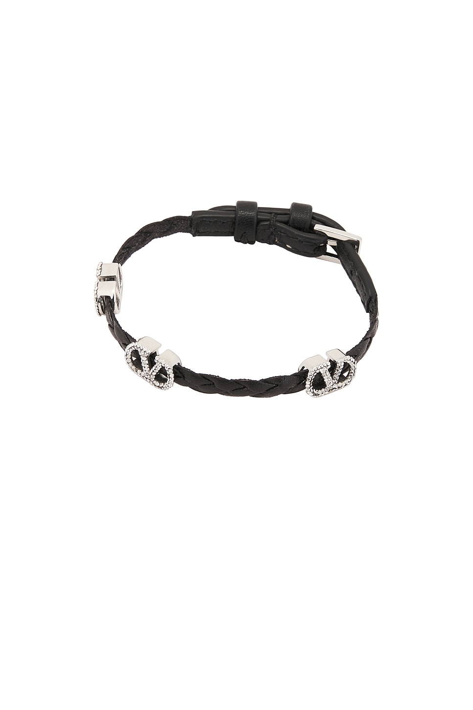 Image 1 of Valentino Garavani V Logo Signature Leather Bracelet in Nero & Crystal Silver Shade
