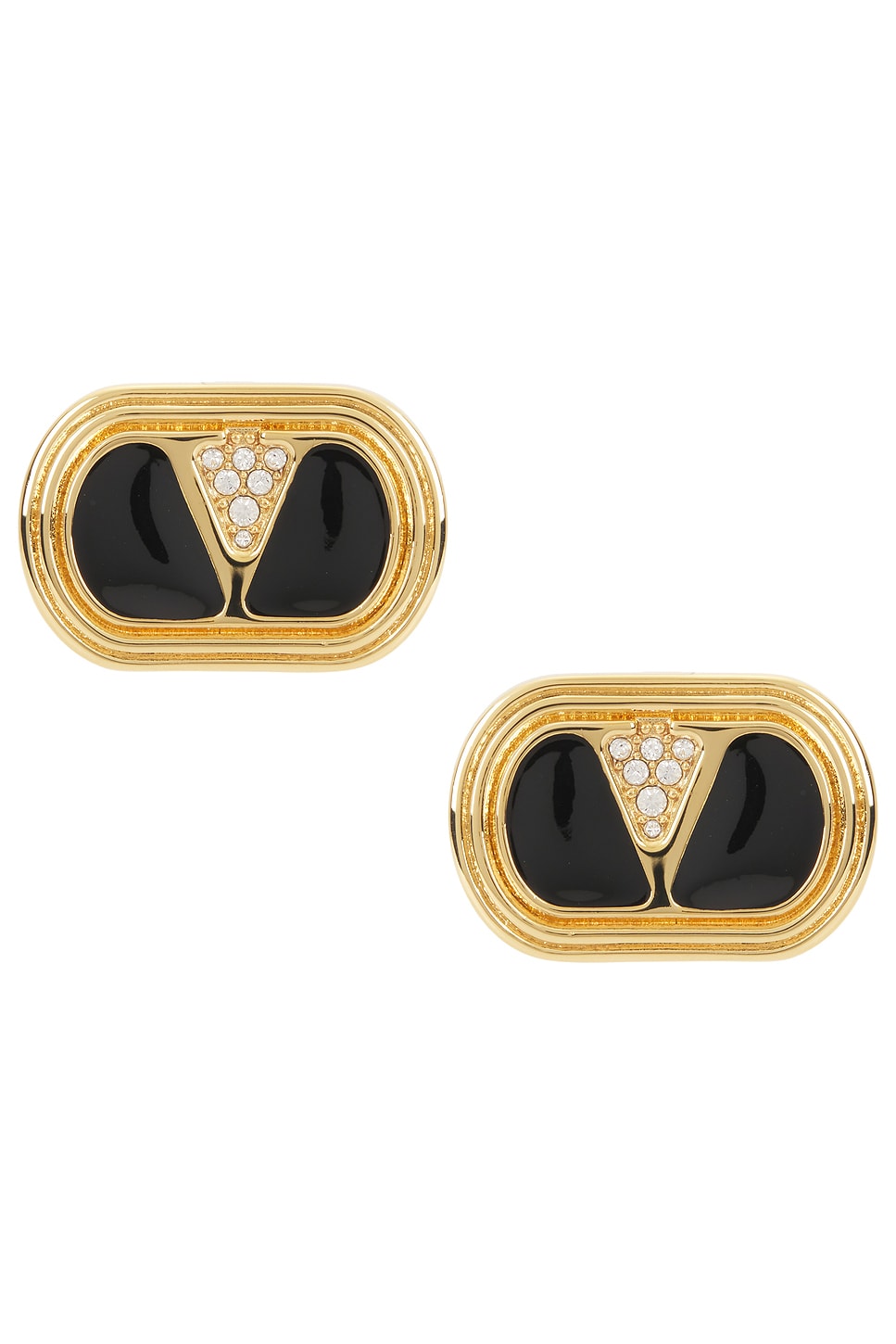 Valentino Ovalette Vlogo Enamelled Stud Earrings In Oro Nero & Crystal