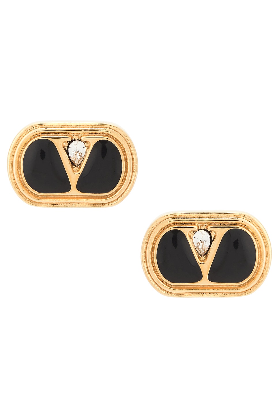 Image 1 of Valentino Garavani Logo Earrings in Oro, Nero, & Crystal