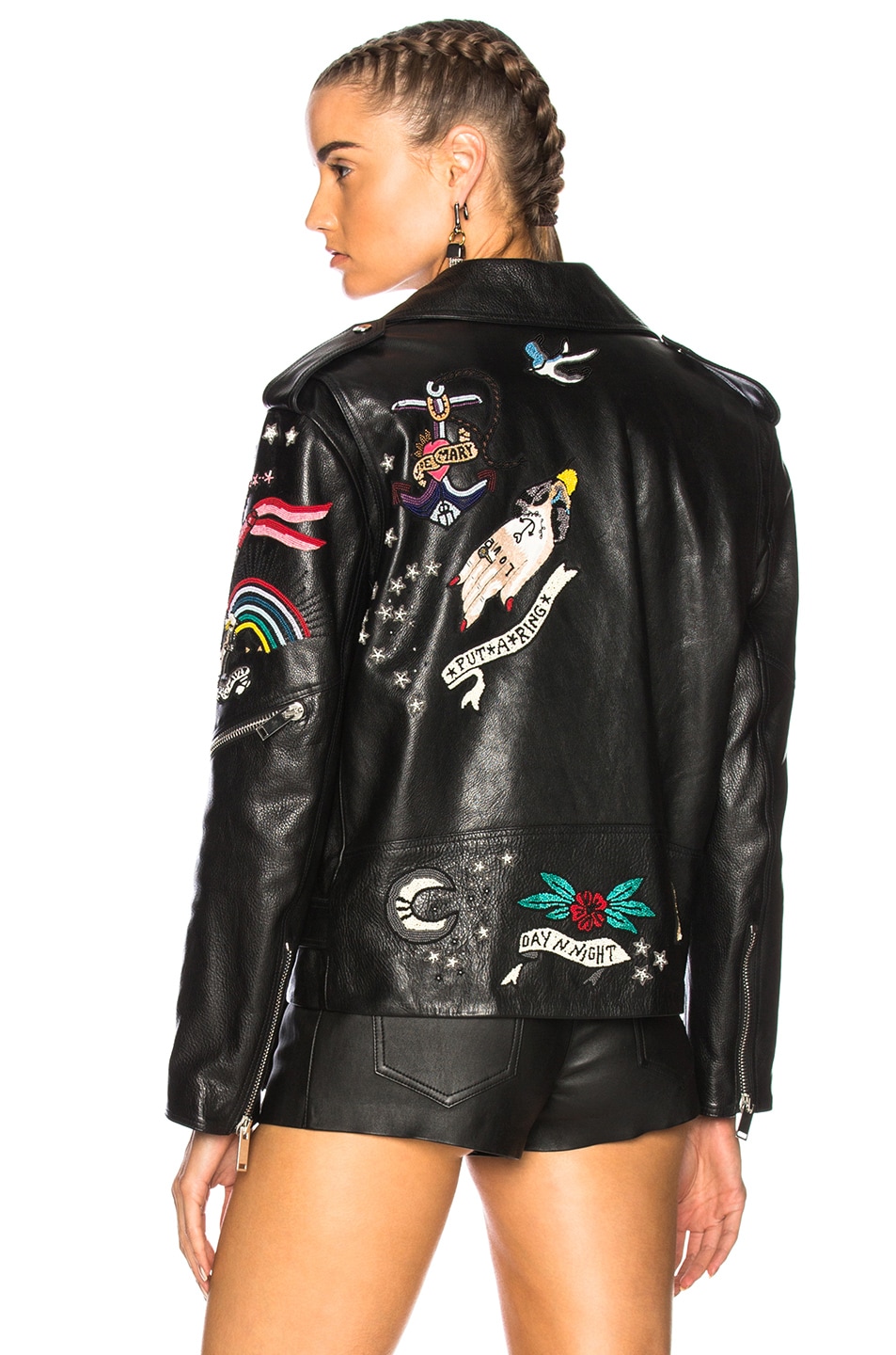 Image 1 of Valentino Garavani Tattoo Embroidery Leather Jacket in Black