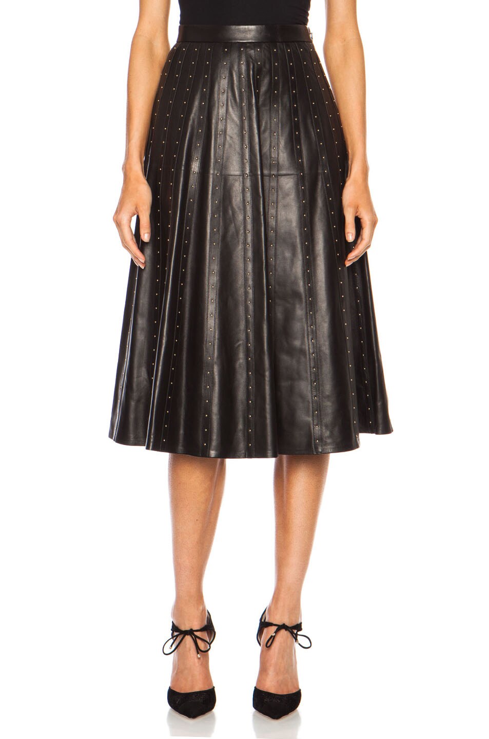 Image 1 of Valentino Garavani Long Flare Studded Leather Skirt in Black