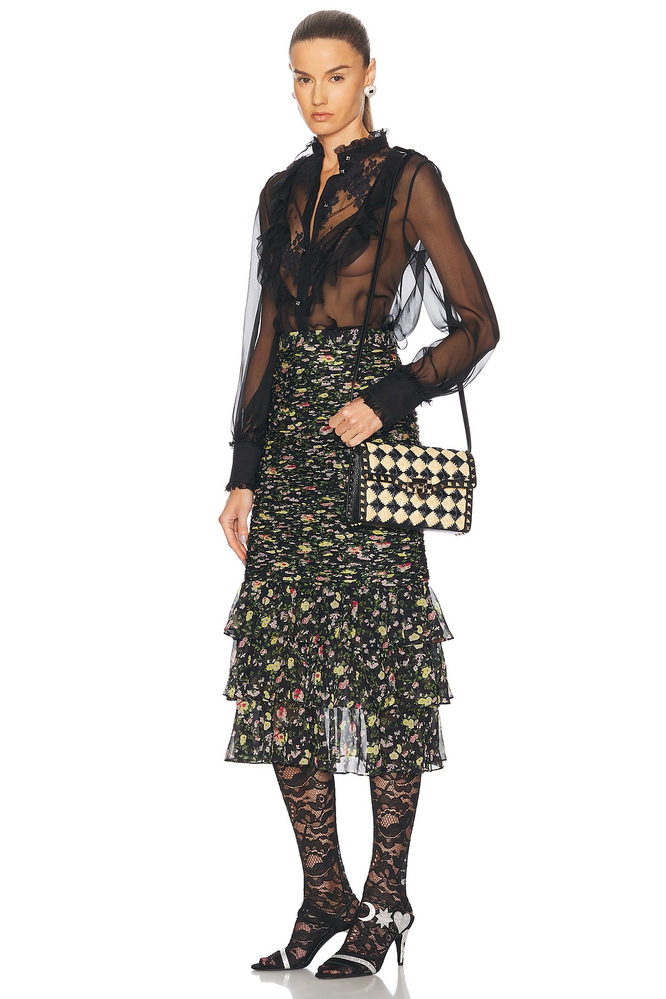 Valentino Raffia Small Rockstud Shoulder Bag In Naturale & Nero