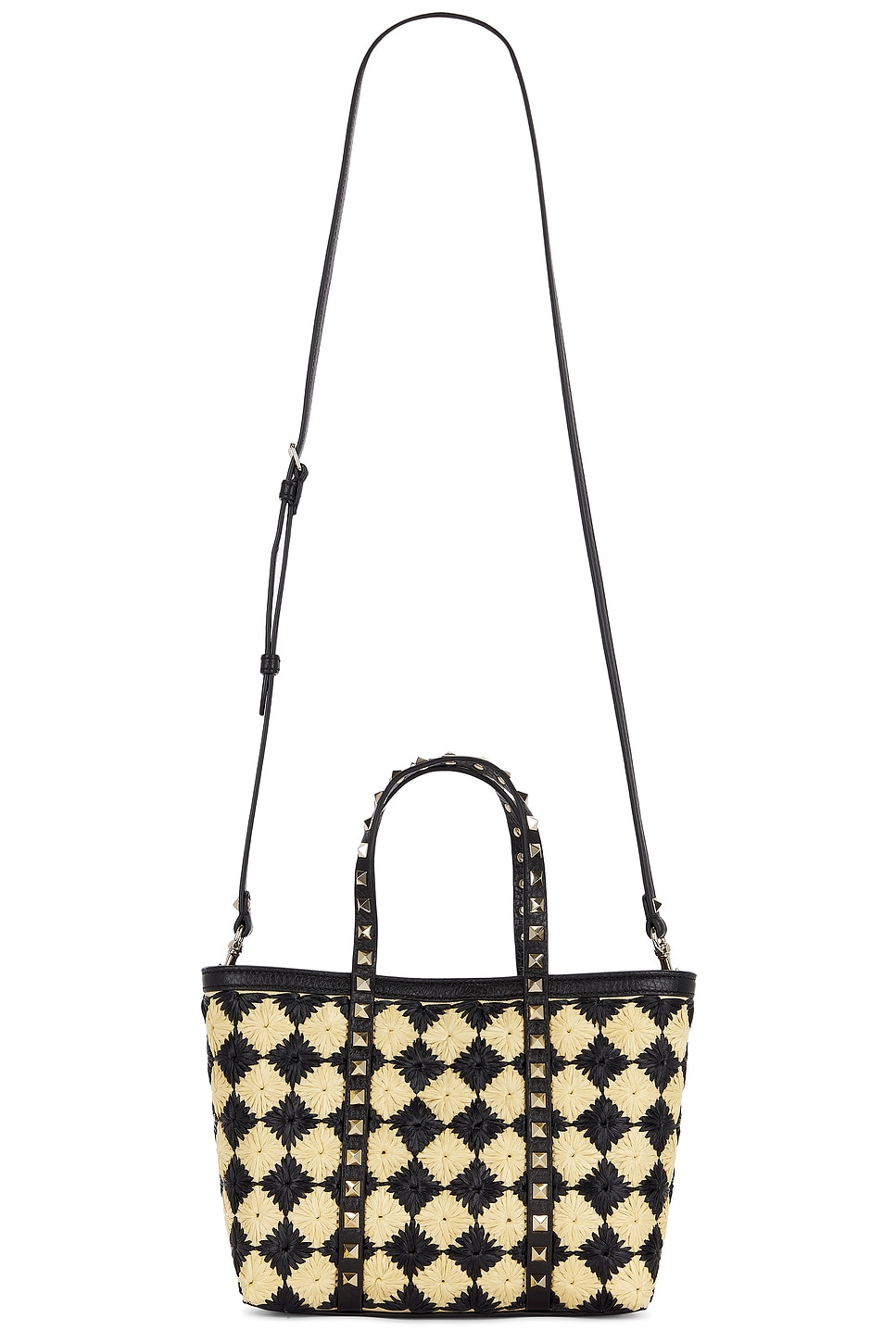 Valentino Raffia Mini Rockstud Tote Bag In Naturale & Nero