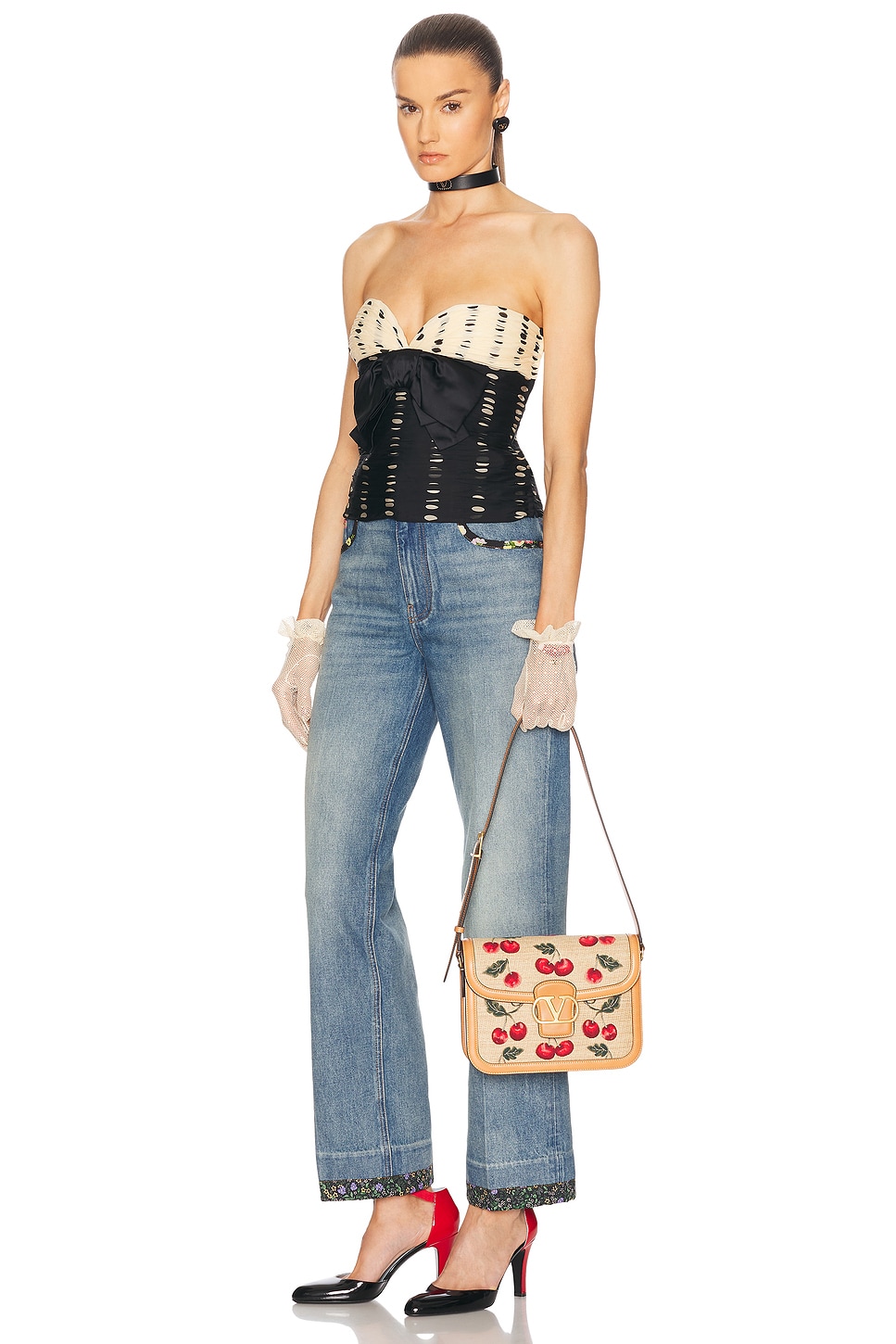 Valentino Cherry Allover Embroidered Shoulder Bag In Naturale  Multicolor  & Natural Camel