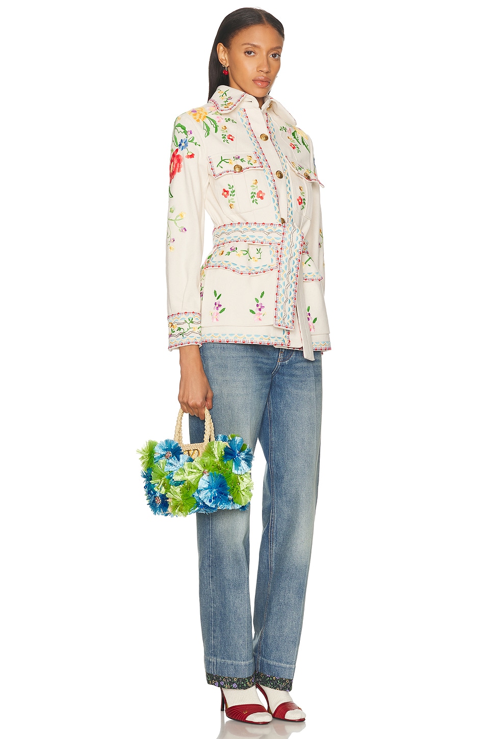 Valentino Garavani Small Vlogo Raffia Flower Tote In Naturale  Verde Azzurro  & Natural Camel