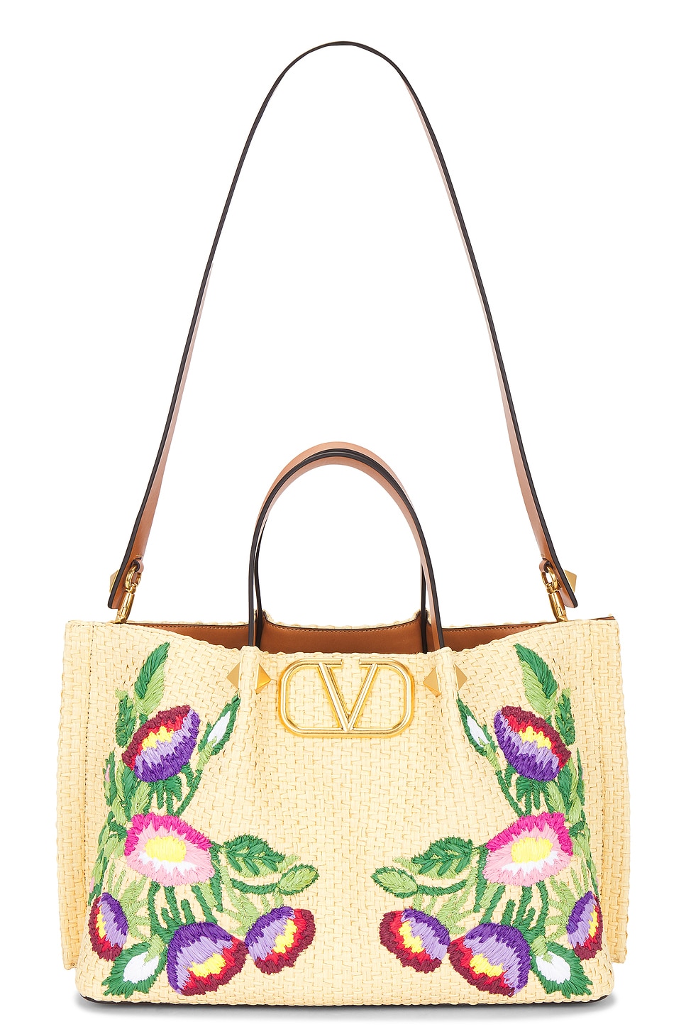 Valentino Garavani Beige Handbag With Metallic Vlogo On The Front And Floral Embroidery In Raffia Wo In Naturale & Multicolor