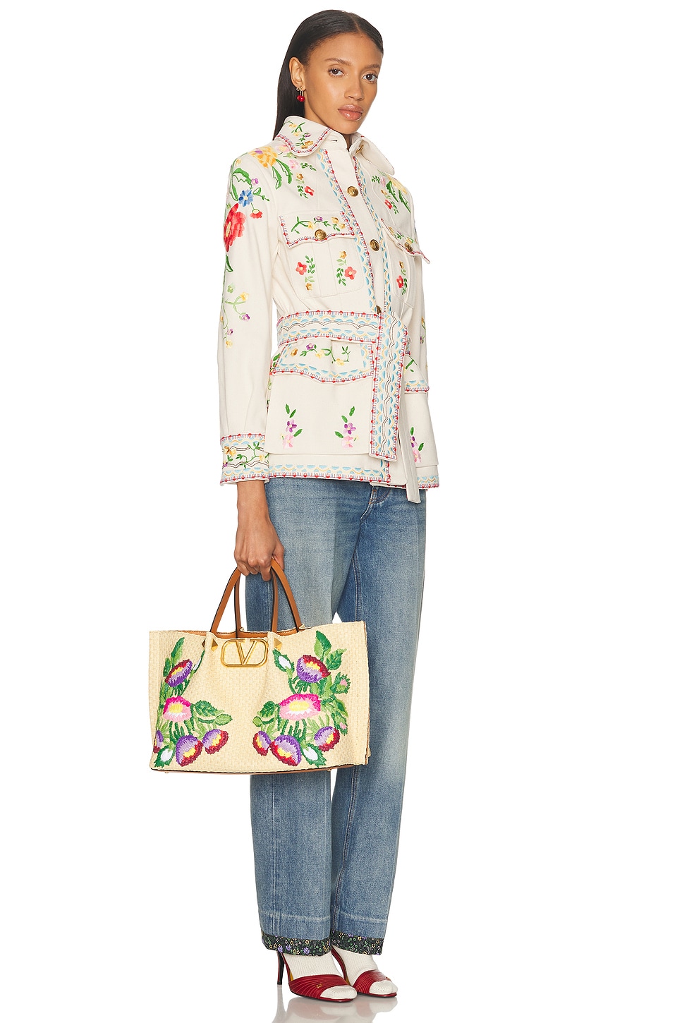 Valentino Garavani Beige Handbag With Metallic Vlogo On The Front And Floral Embroidery In Raffia Wo In Naturale & Multicolor