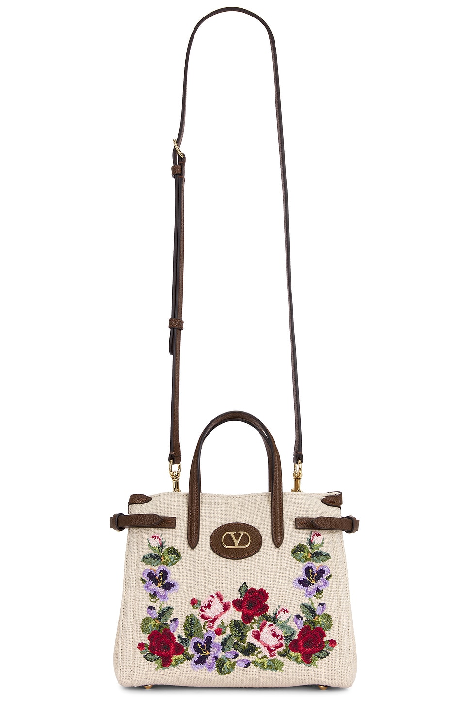 Valentino Garavani Antibes Small Tote Bag In Ecru  Multicolor  & Tabac Brown