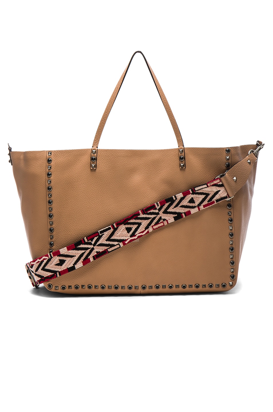 Image 1 of Valentino Garavani Guitar Rockstud Rolling Double Large Tote in Black, Soft Noisette & Red
