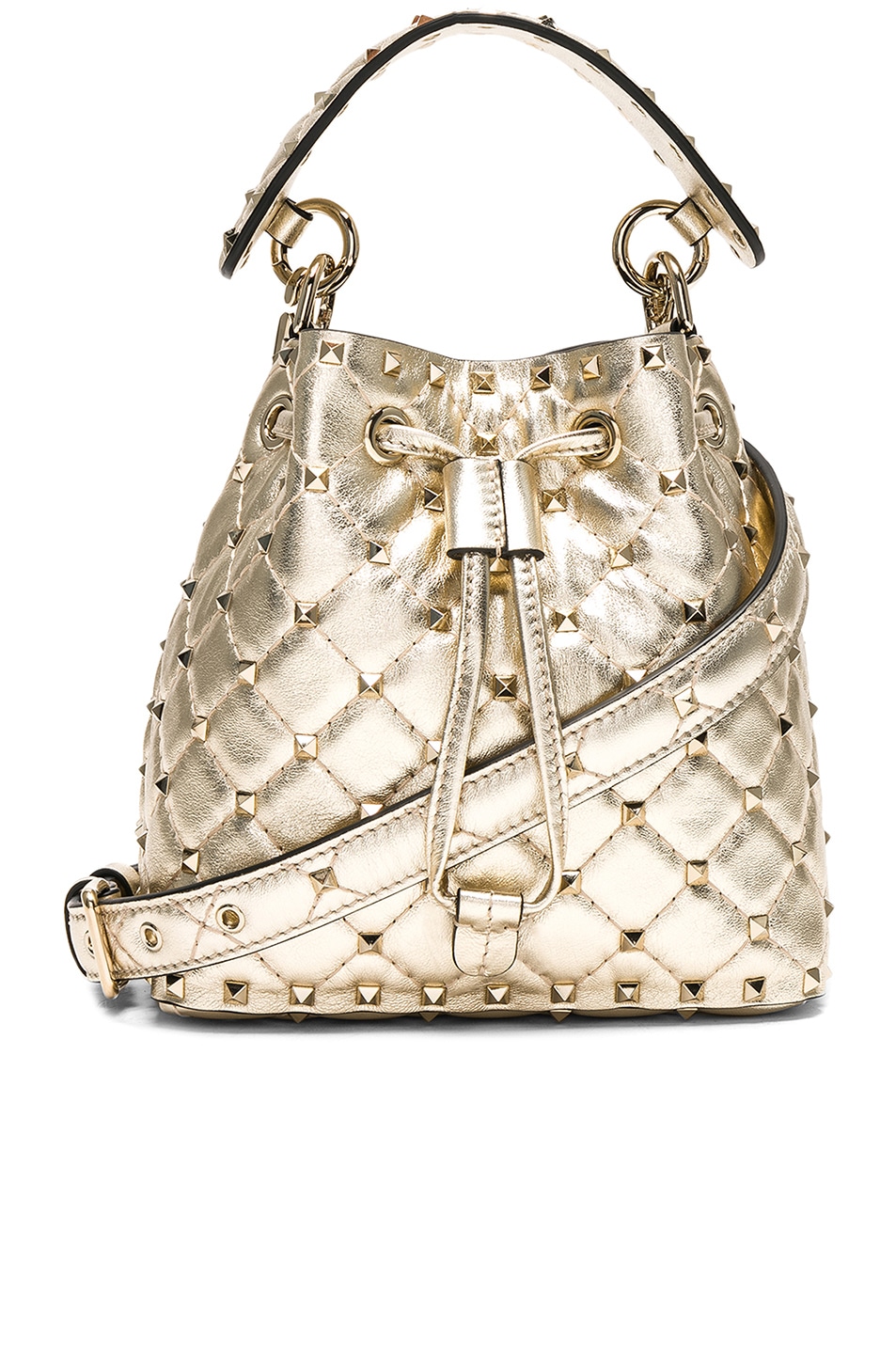 Image 1 of Valentino Garavani Small Metallic Rockstud Spike Bucket Bag in Light Gold