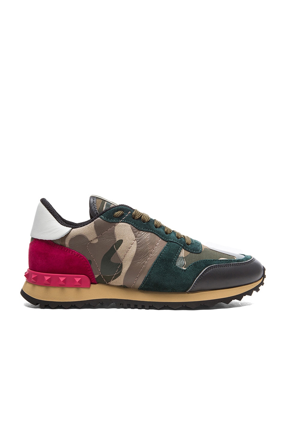 Image 1 of Valentino Garavani Rockstud Camouflage Canvas & Suede Trainers in Cyclamin & White