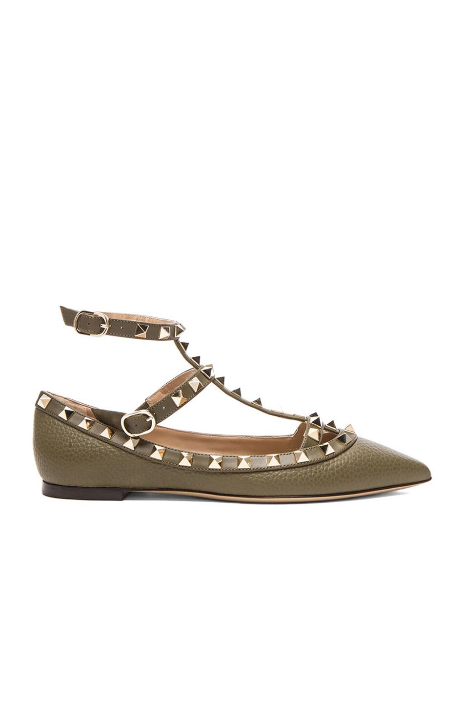 Image 1 of Valentino Garavani Stamped Rockstud Leather Cage Flats in Army Green