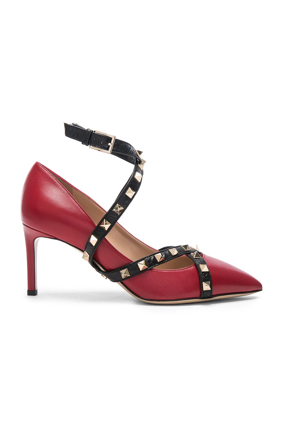 Image 1 of Valentino Garavani Leather Studwrap Ankle Strap Heels in Red & Black