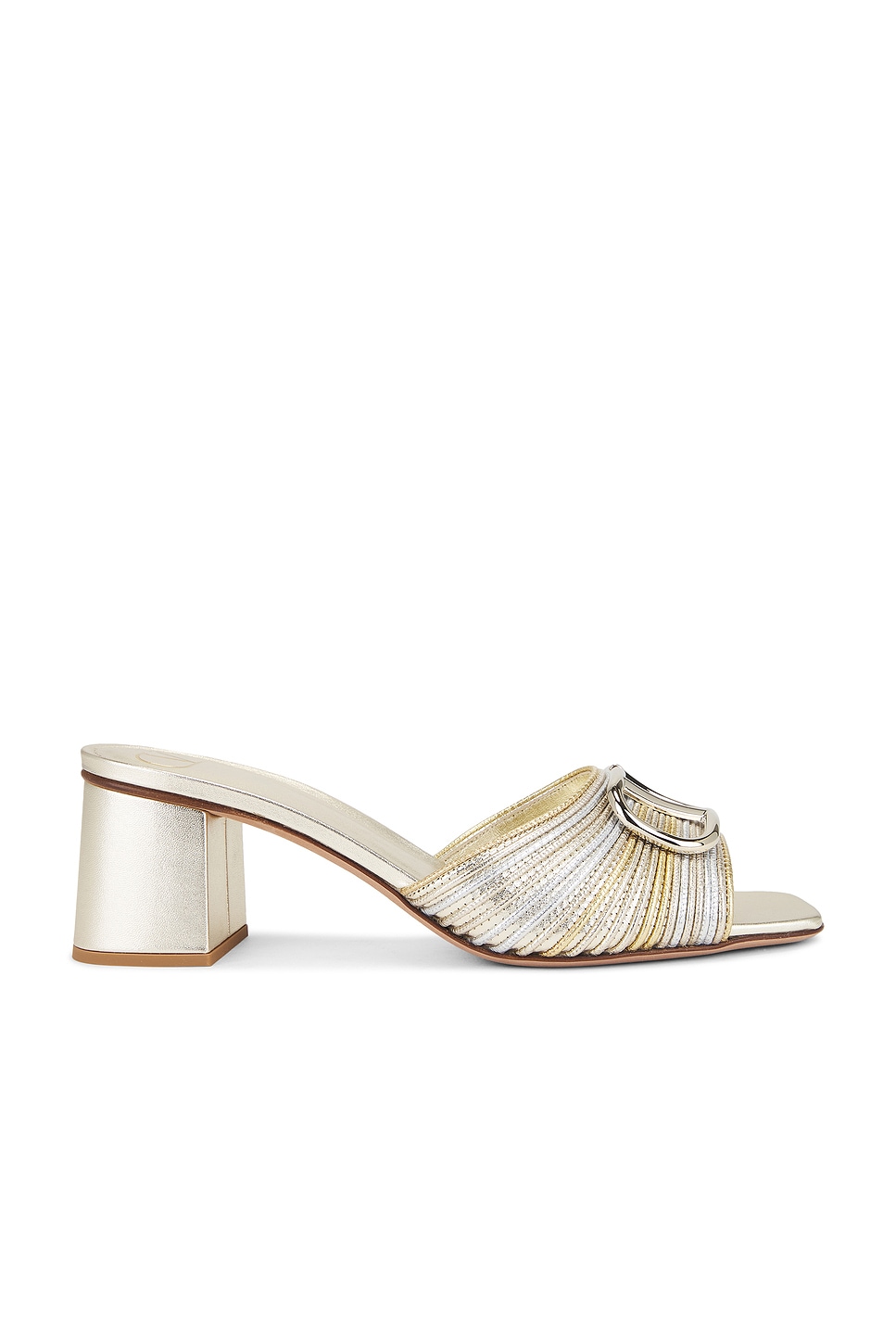 Image 1 of Valentino Garavani V Logo Signature Slide in Silver, Platino, & Antique Brass Light