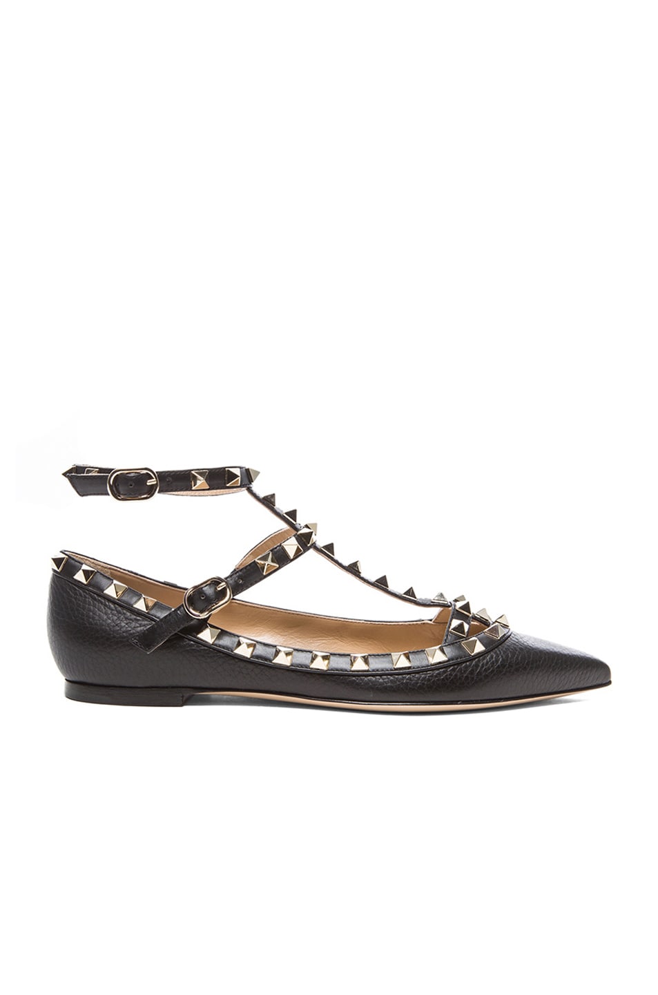 Valentino Rockstud Grained Leather Cage Flats in Black | FWRD