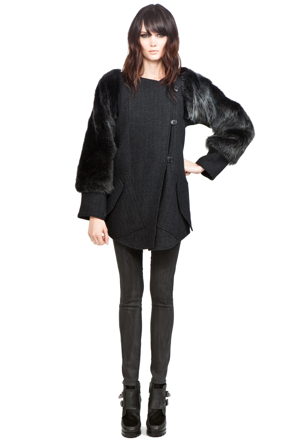 Image 1 of Vanessa Bruno Fur Sleeve Coat in Gris Anthracite
