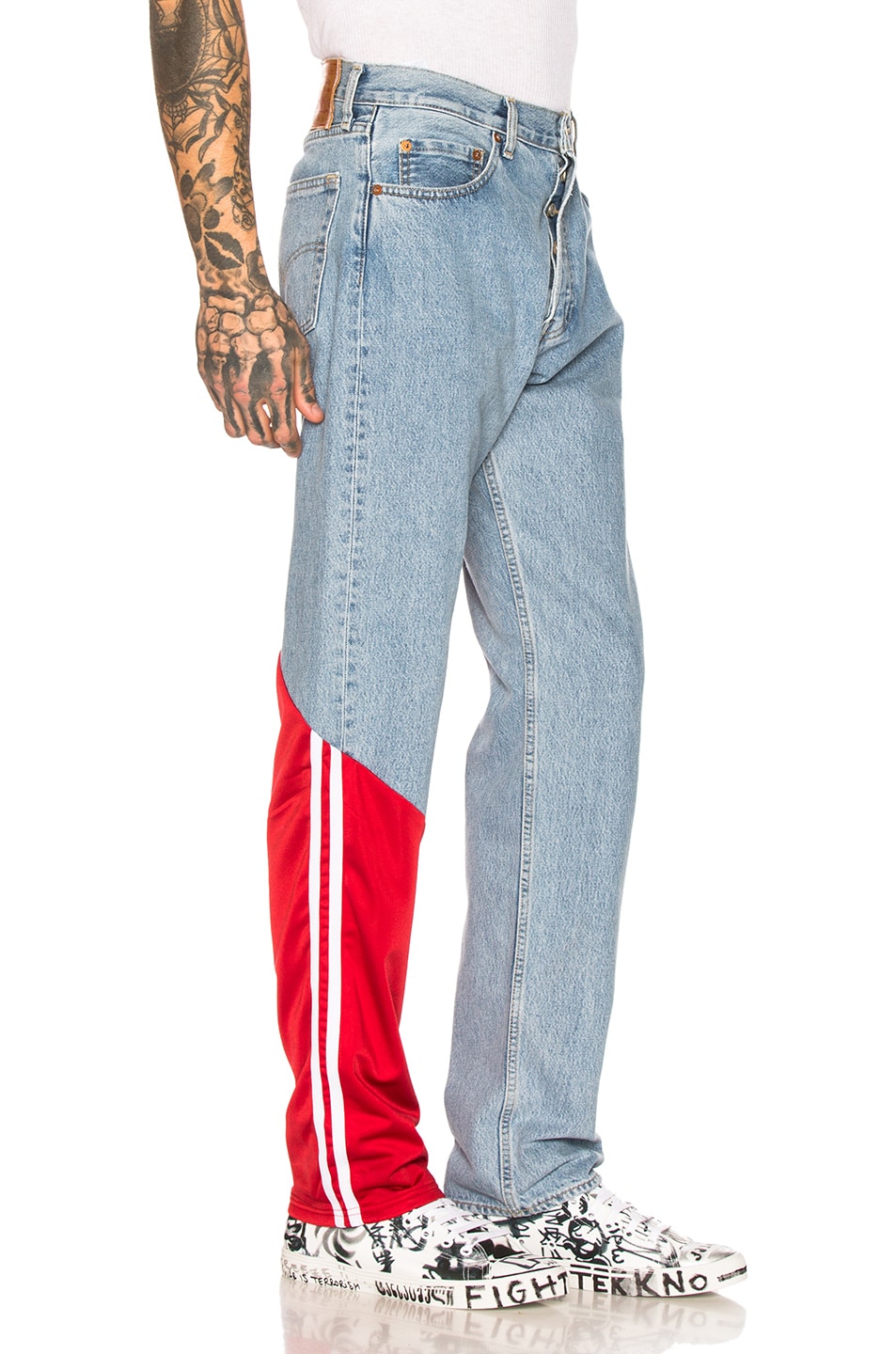 Image 1 of VETEMENTS Denim Trackpants in Light Blue & Red