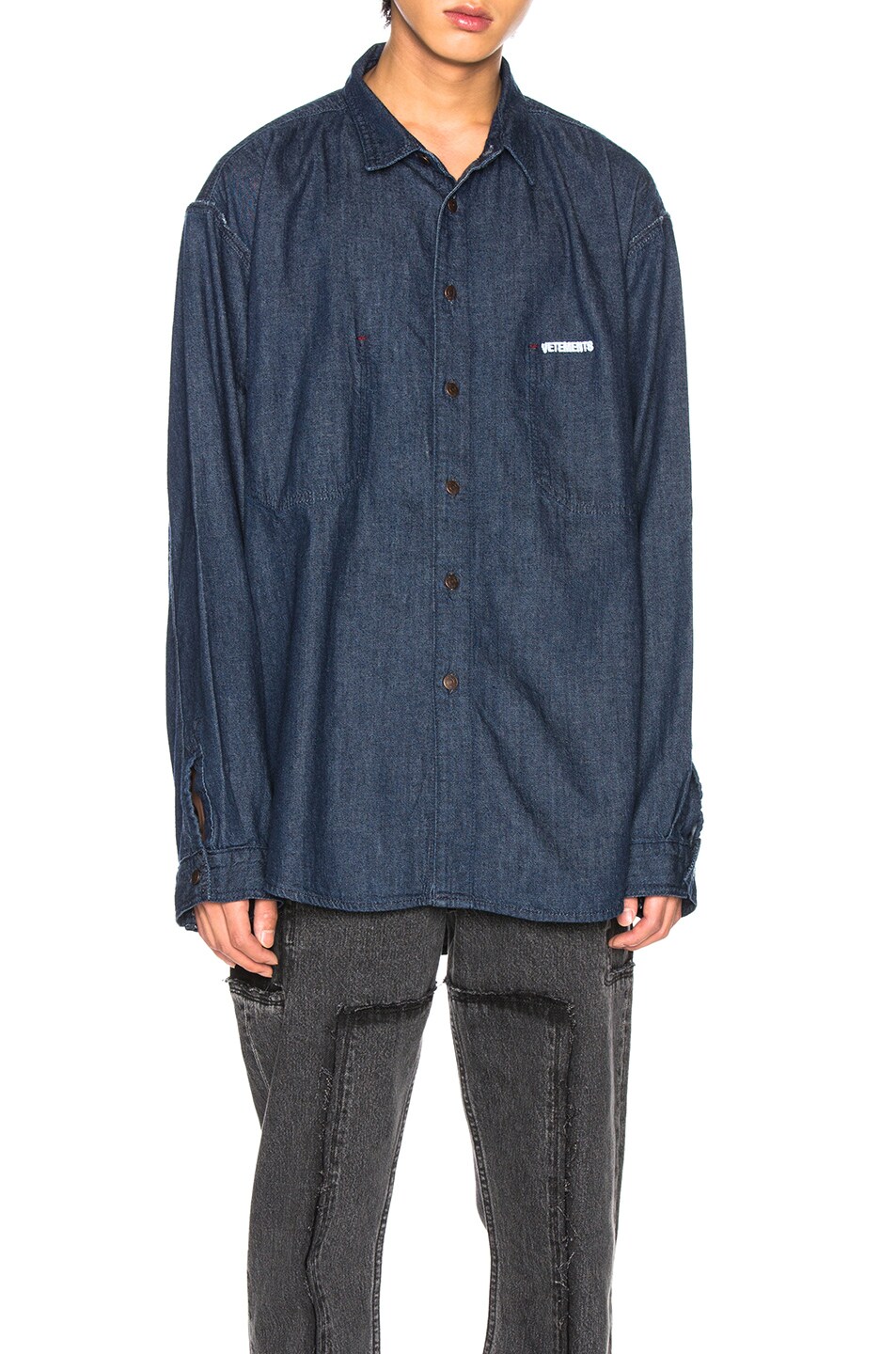 Image 1 of VETEMENTS Oversized Inside Out Denim Shirt in Navy