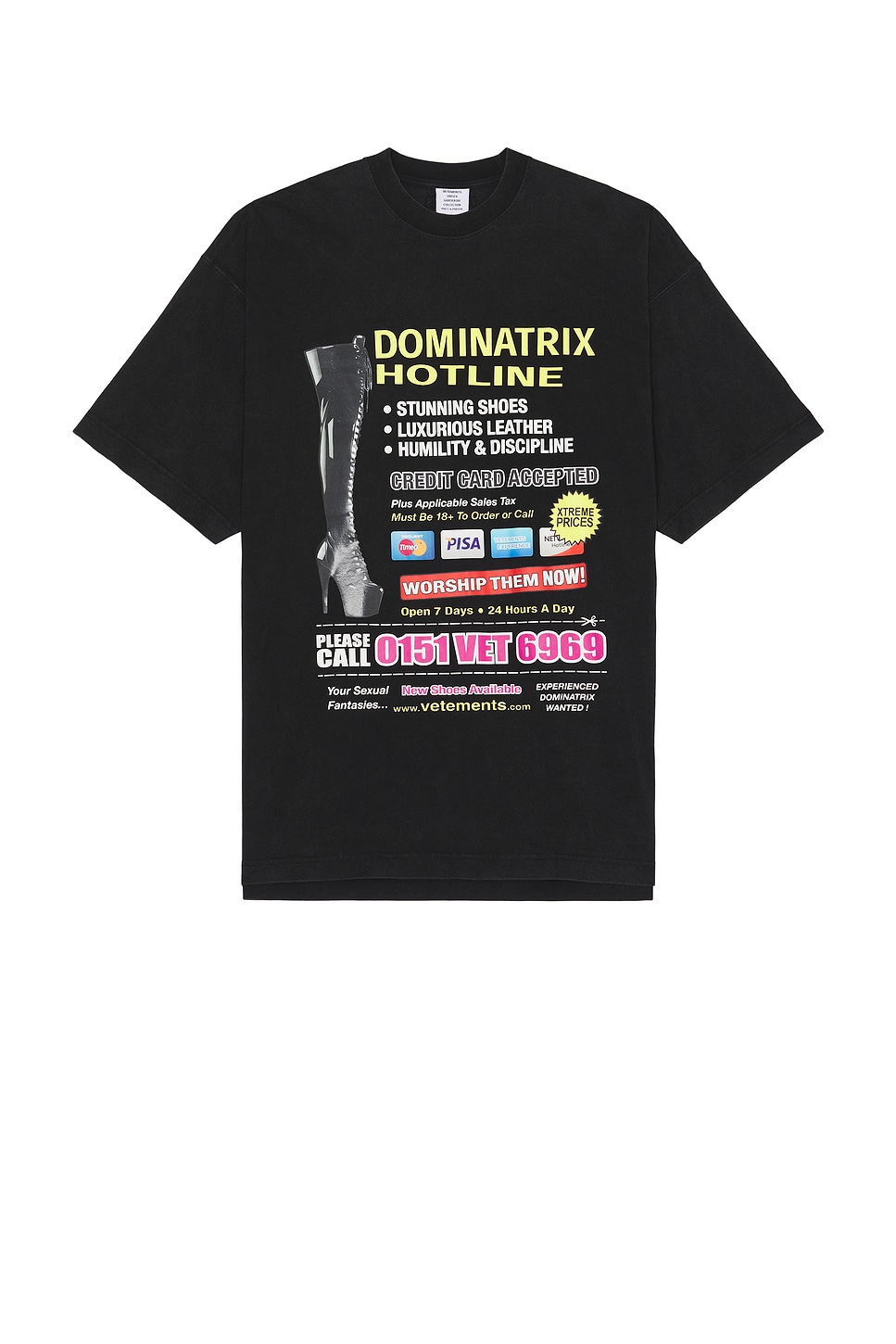 Image 1 of VETEMENTS Dominatrix Hotline Oversized T-Shirt in Black