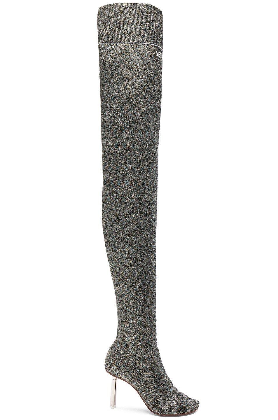 Image 1 of VETEMENTS Lurex Thigh High Sock Boots in Green & Silver