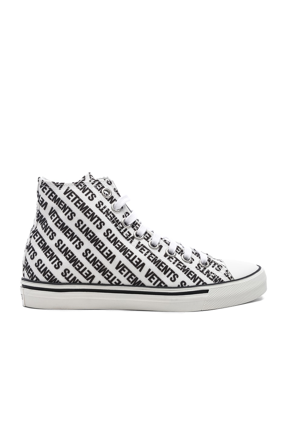 Image 1 of VETEMENTS Printed Canvas High Top Sneakers in White & Black