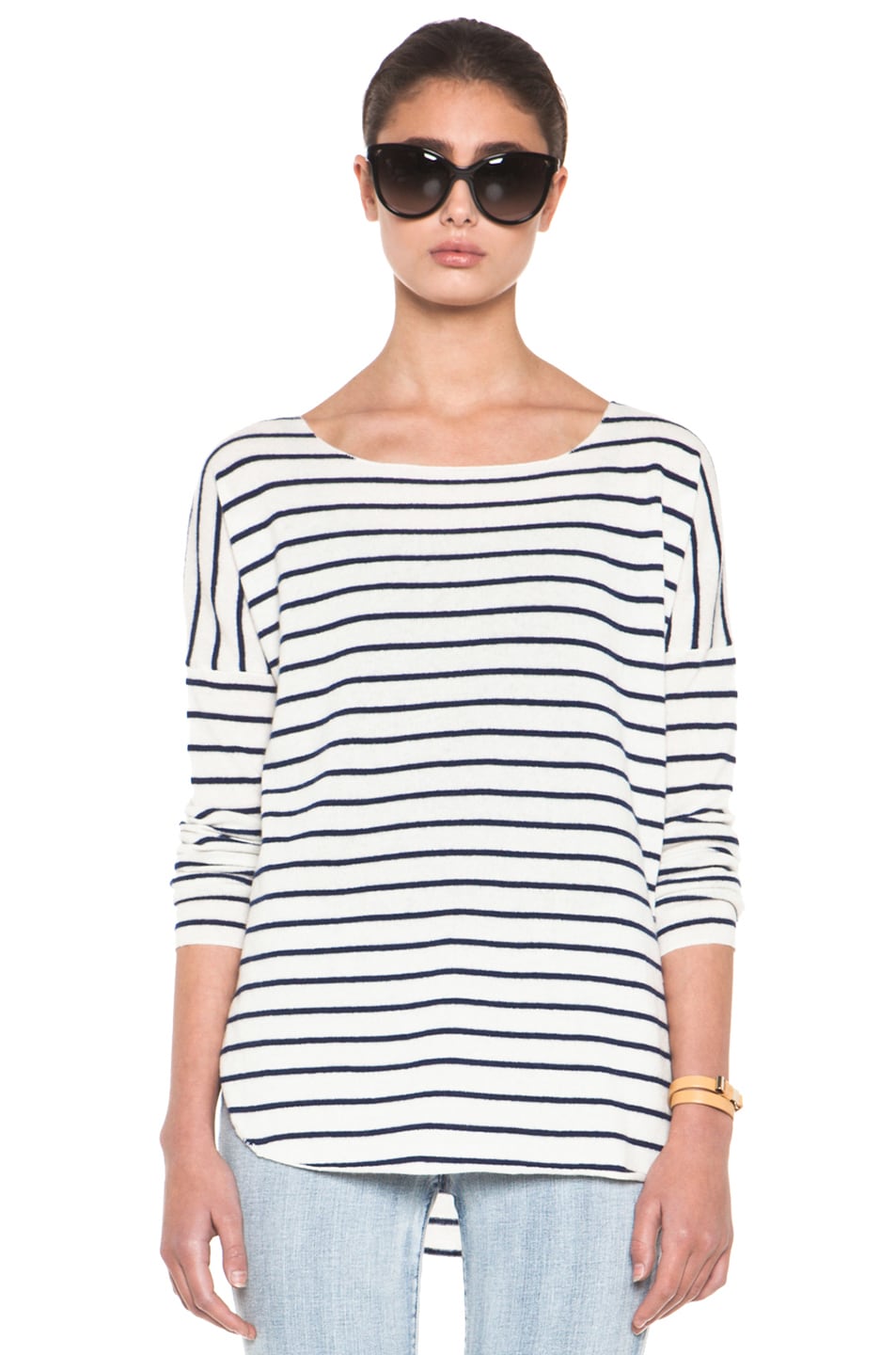 Image 1 of Vince Striped Shirt Tail Sweater in Sail & Military