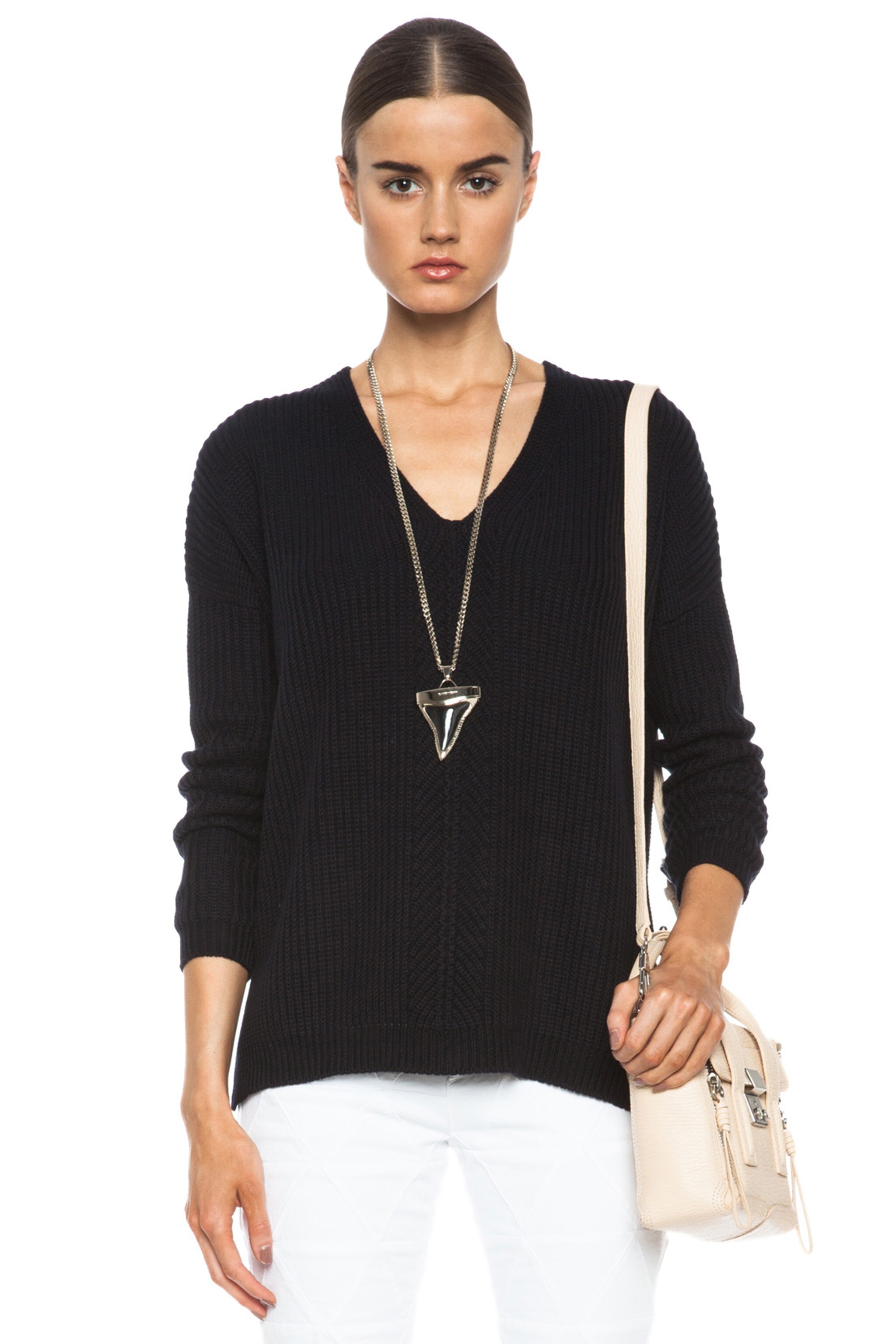 Vince Directional Rib V-Neck Knit Sweater in Coastal | FWRD