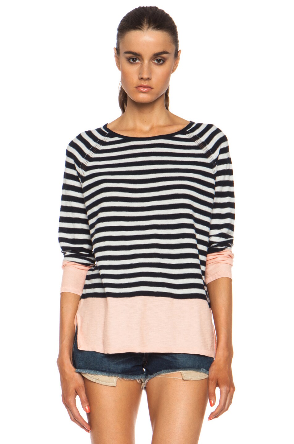 Image 1 of Vince Colorblocked Striped Raglan Cotton Sweater in Grapefruit Combo