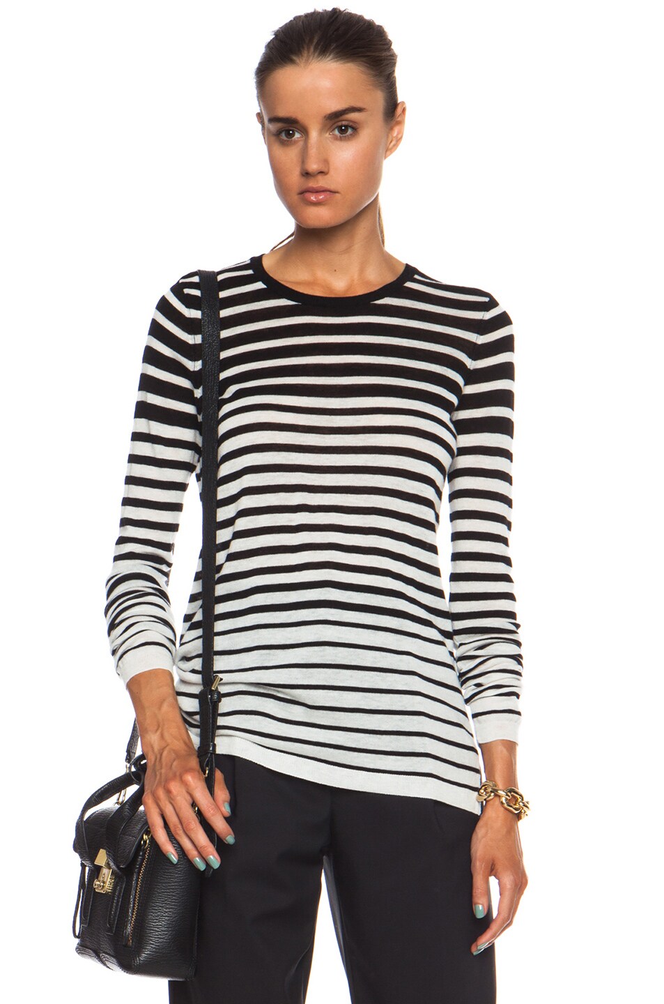 Image 1 of Vince Striped Crew Wool-Blend Sweater in Black & White