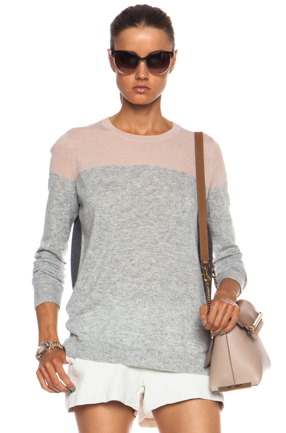 Image 1 of Vince Colorblock Crew Cashmere Sweater in Salmon Combo