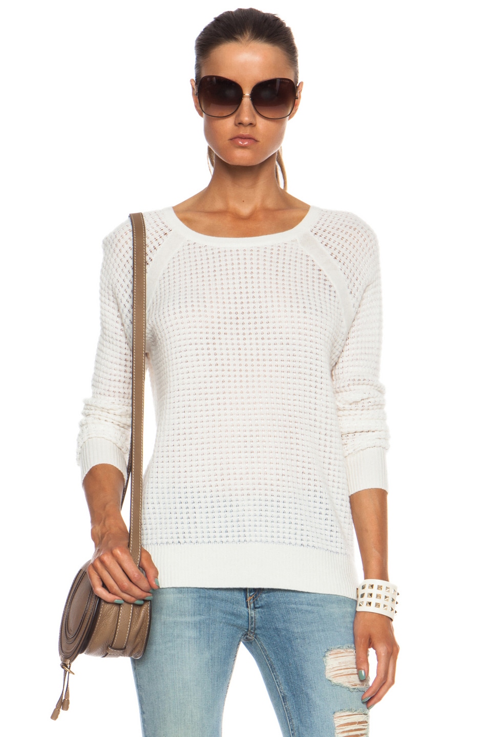 Image 1 of Vince Raglan Thermal Cashmere-Blend  Sweater in Winter White