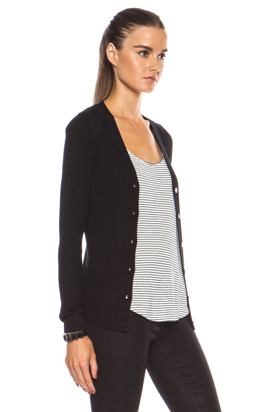 Vince Skinny Rib Rayon-Blend Cardigan in Black | FWRD