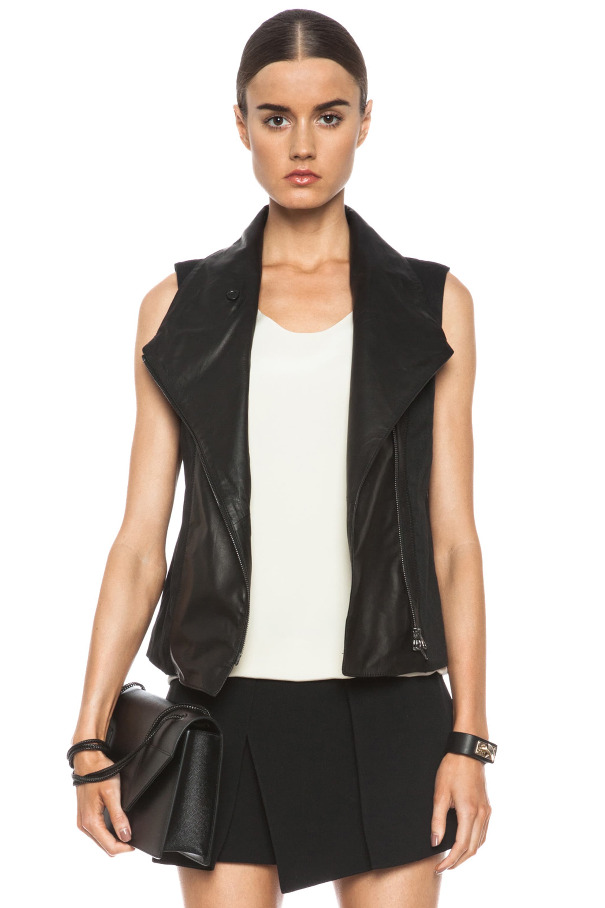 Image 1 of Vince Asymmetric Leather Linen-Blend Vest in Black