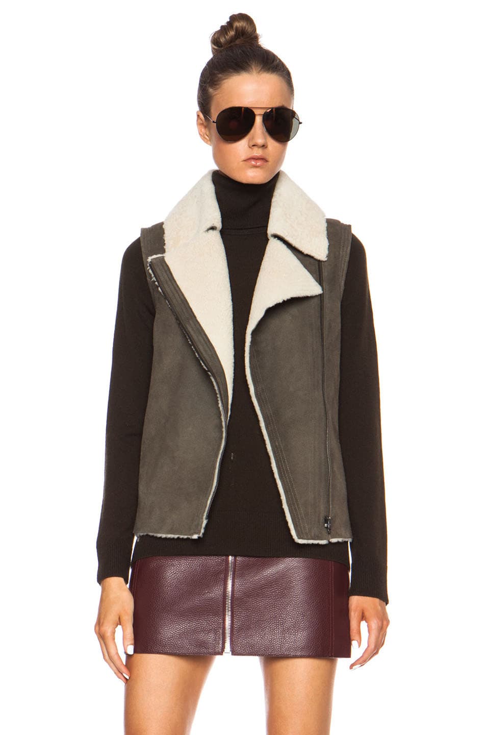 Image 1 of Vince Asymmetric Shearling Jacket in Off White & Olive