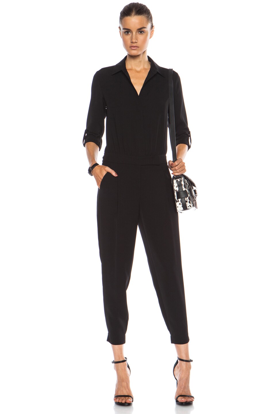 Image 1 of Vince Long Sleeve Button Down Poly Jumpsuit in Black