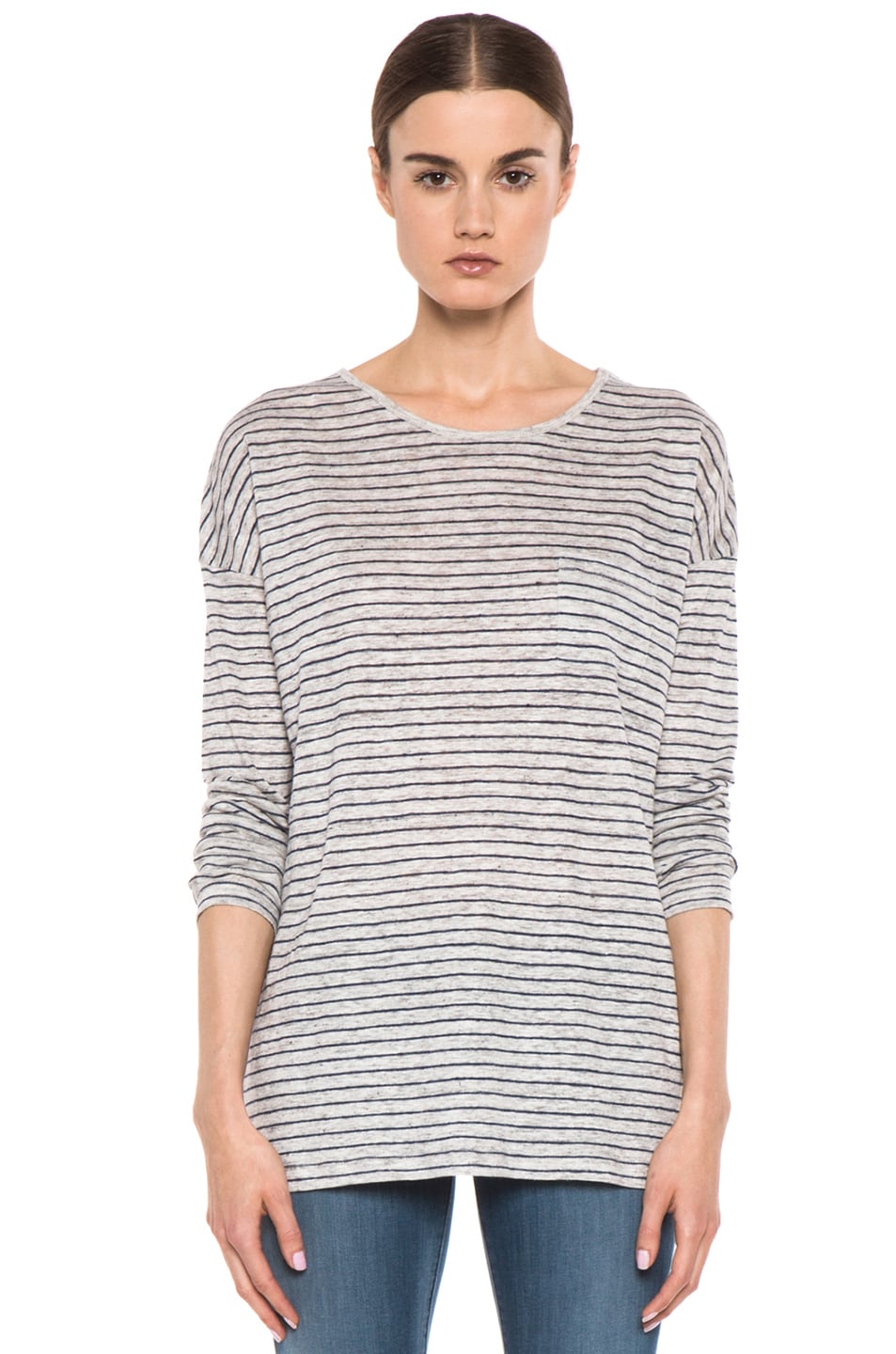Image 1 of Vince Striped Long Sleeve Tee in Light Heather Grey & Heather Navy