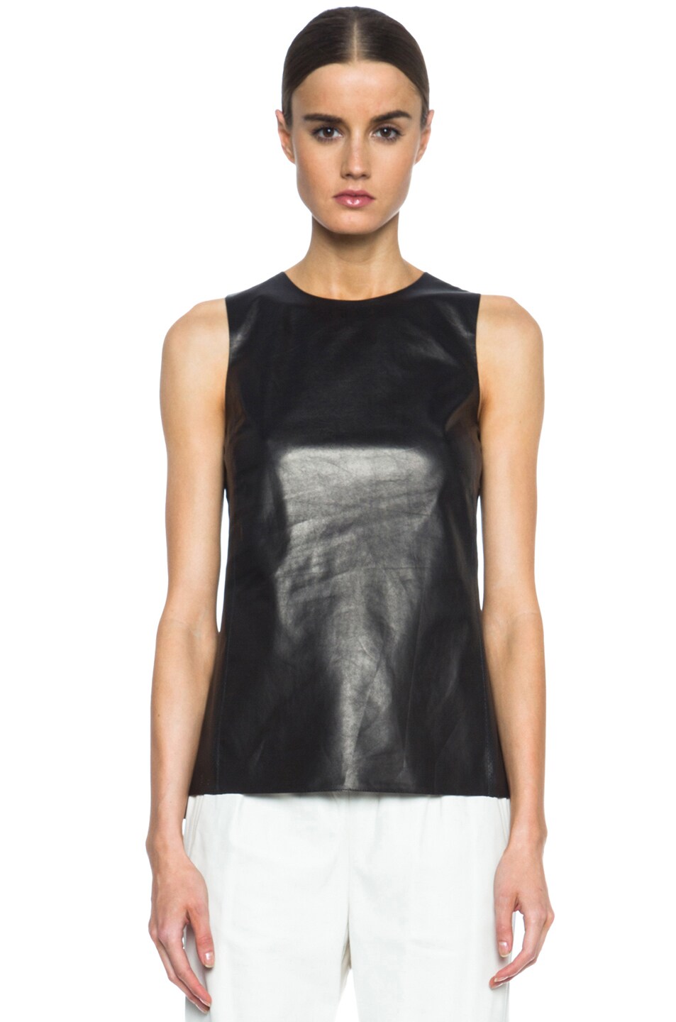 Image 1 of Vince Perforated Side Panel Leather Shell Tank in Black
