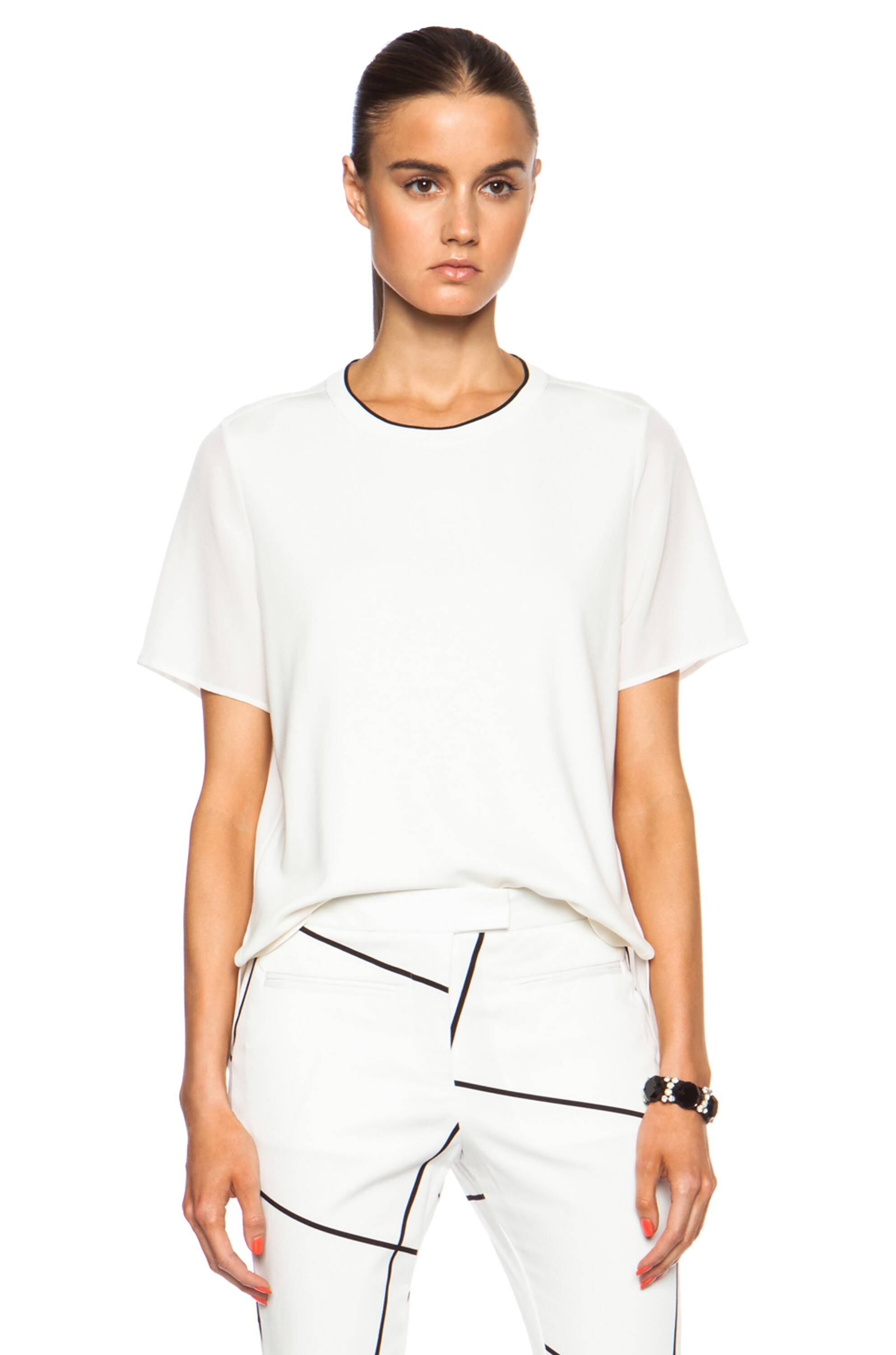 Image 1 of Vince Mixed Media Crew Neck Rayon-Blend Top in Off White & Black