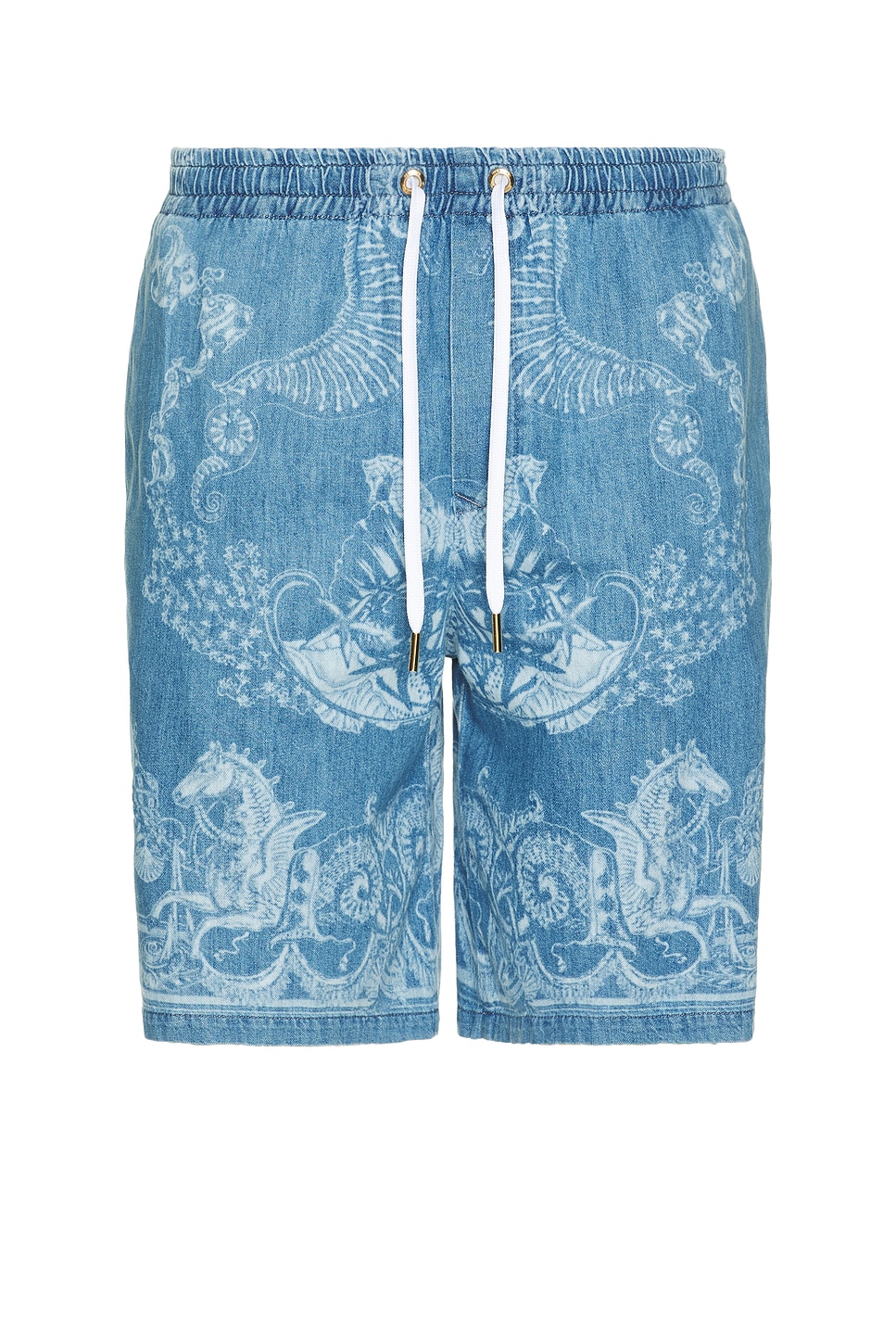 Image 1 of VERSACE Laser Denim Holiday Print Short in Washed Medium Blue