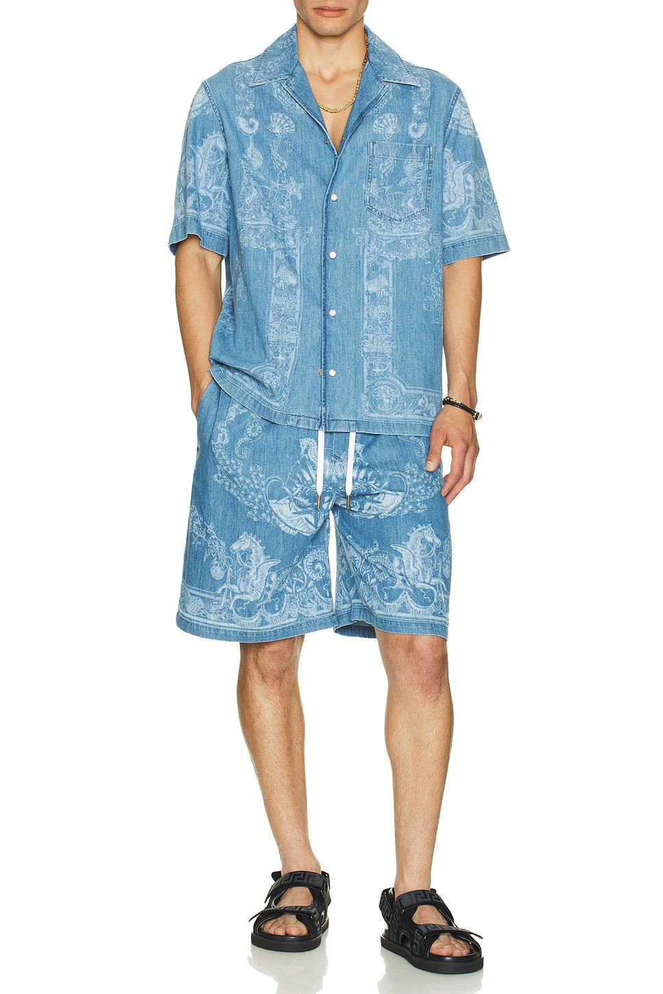 Image 1 of VERSACE Laser Denim Holiday Print Short in Washed Medium Blue