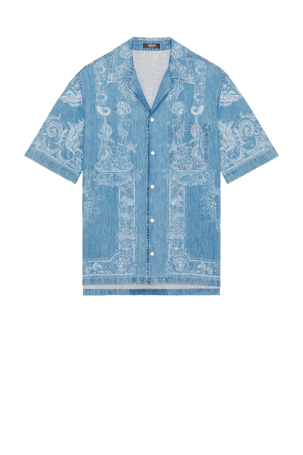 Image 1 of VERSACE Laser Denim Holiday Print Shirt in Washed Medium Blue